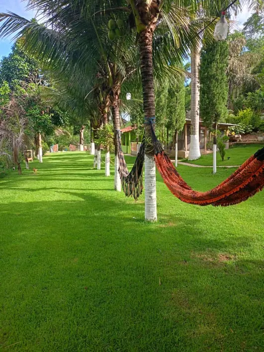 Área verde com rede de descanso na clínica de reabilitação em Governador Valadares, MG